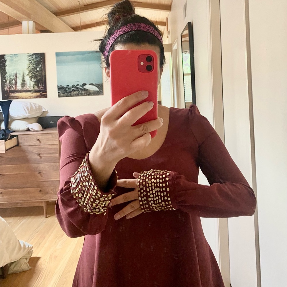 Asymmetric maroon blouse w embellished cuffs - Medium